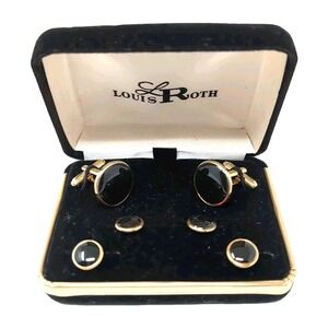 VTG Louis Roth Cufflinks & Shirt Studs Set Gold Tone Black Tuxedo Formal Wedding